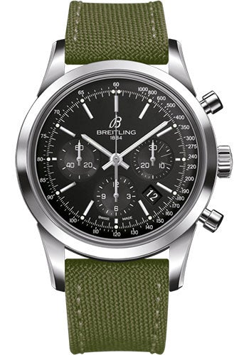 Breitling Transocean Chronograph Watch - Steel - Black Dial - Khaki Green Military Strap - Tang Buckle - AB015212/BA99/106W/A20BA.1 - Luxury Time NYC