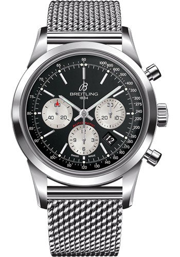 Breitling Transocean Chronograph Watch - Steel - Black Dial - Steel Bracelet - AB015212/BF26/154A - Luxury Time NYC