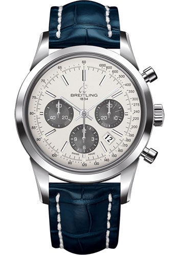 Breitling Transocean Chronograph Watch - Steel - Mercury Silver Dial - Blue Croco Strap - Folding Buckle - AB015212/G724/732P/A20D.1 - Luxury Time NYC