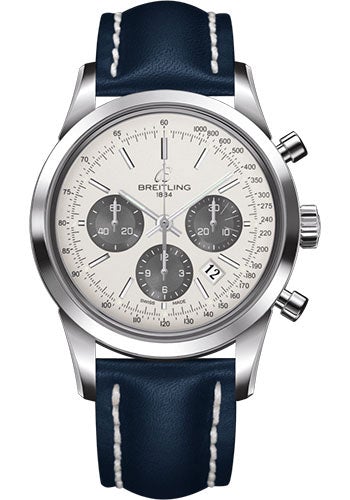 Breitling Transocean Chronograph Watch - Steel - Mercury Silver Dial - Blue Leather Strap - Folding Buckle - AB015212/G724/112X/A20D.1 - Luxury Time NYC