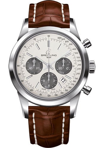 Breitling Transocean Chronograph Watch - Steel - Mercury Silver Dial - Gold Croco Strap - Folding Buckle - AB015212/G724/738P/A20D.1 - Luxury Time NYC