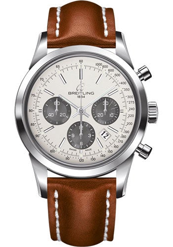 Breitling Transocean Chronograph Watch - Steel - Mercury Silver Dial - Gold Leather Strap - Folding Buckle - AB015212/G724/434X/A20D.1 - Luxury Time NYC