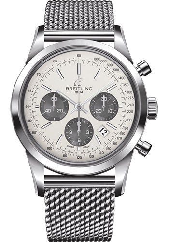 Breitling Transocean Chronograph Watch - Steel - Mercury Silver Dial - Steel Bracelet - AB0152121G1A1 - Luxury Time NYC
