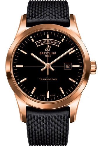Breitling Transocean Day & Date Watch - 18k Red Gold - Black Dial - Black Rubber Aero Classic Strap - R4531012/BB70/279S/R20D.3 - Luxury Time NYC