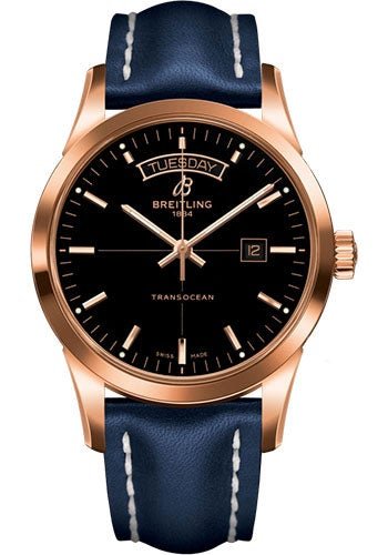 Breitling Transocean Day & Date Watch - 18k Red Gold - Black Dial - Blue Leather Strap - Folding Buckle - R4531012/BB70/112X/R20D.1 - Luxury Time NYC