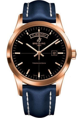 Breitling Transocean Day & Date Watch - 18k Red Gold - Black Dial - Blue Leather Strap - Tang Buckle - R4531012/BB70/105X/R20BA.1 - Luxury Time NYC