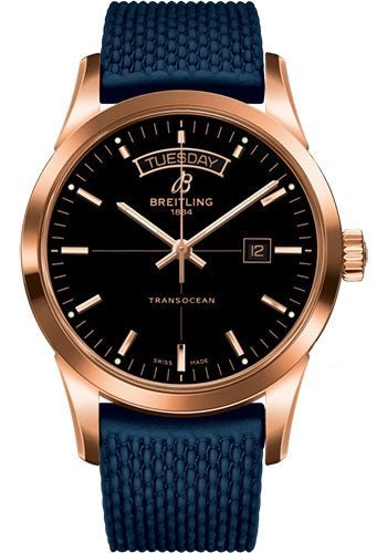 Breitling Transocean Day & Date Watch - 18k Red Gold - Black Dial - Blue Rubber Aero Classic Strap - R4531012/BB70/281S/R20D.3 - Luxury Time NYC