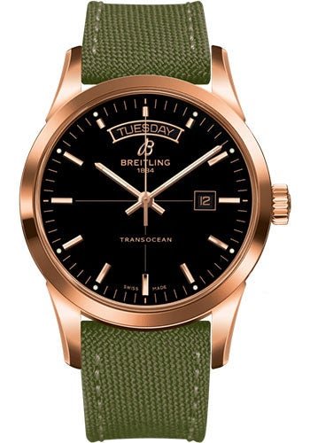 Breitling Transocean Day & Date Watch - 18k Red Gold - Black Dial - Khaki Green Military Strap - Tang Buckle - R4531012/BB70/106W/R20BA.1 - Luxury Time NYC