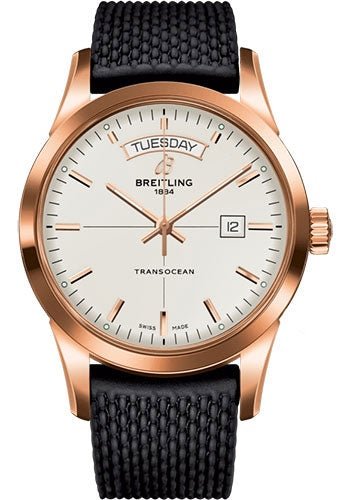 Breitling Transocean Day & Date Watch - 18k Red Gold - Mercury Silver Dial - Black Rubber Aero Classic Strap - R4531012/G752/279S/R20D.3 - Luxury Time NYC