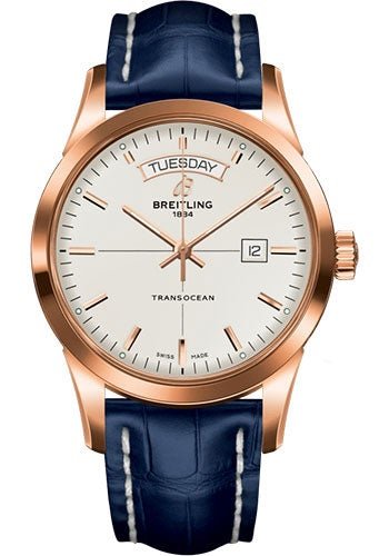 Breitling Transocean Day & Date Watch - 18k Red Gold - Mercury Silver Dial - Blue Croco Strap - Folding Buckle - R4531012/G752/732P/R20D.1 - Luxury Time NYC