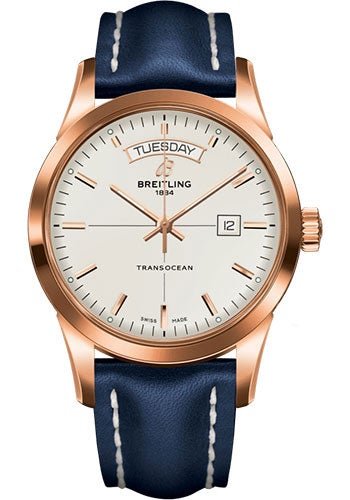 Breitling Transocean Day & Date Watch - 18k Red Gold - Mercury Silver Dial - Blue Leather Strap - Folding Buckle - R4531012/G752/112X/R20D.1 - Luxury Time NYC