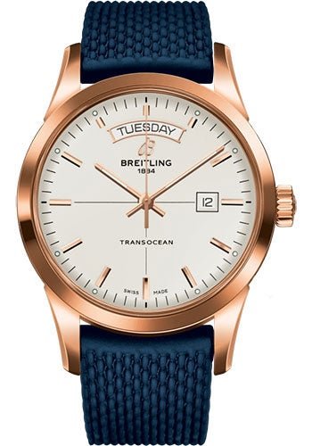 Breitling Transocean Day & Date Watch - 18k Red Gold - Mercury Silver Dial - Blue Rubber Aero Classic Strap - R4531012/G752/281S/R20D.3 - Luxury Time NYC