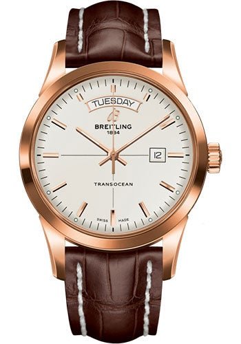 Breitling Transocean Day & Date Watch - 18k Red Gold - Mercury Silver Dial - Brown Croco Strap - Tang Buckle - R45310121G1P1 - Luxury Time NYC