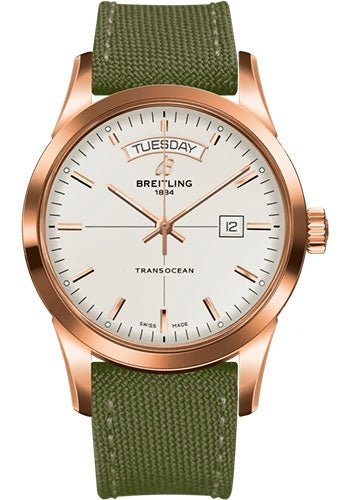Breitling Transocean Day & Date Watch - 18k Red Gold - Mercury Silver Dial - Khaki Green Military Strap - Tang Buckle - R4531012/G752/106W/R20BA.1 - Luxury Time NYC