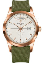 Load image into Gallery viewer, Breitling Transocean Day &amp; Date Watch - 18k Red Gold - Mercury Silver Dial - Khaki Green Military Strap - Tang Buckle - R4531012/G752/106W/R20BA.1 - Luxury Time NYC