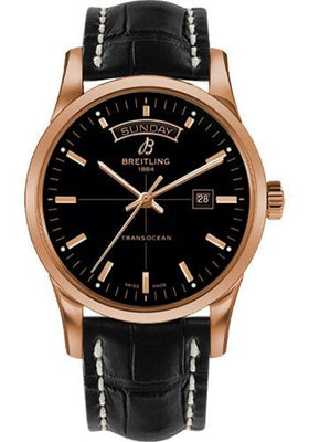 Breitling Transocean Day & Date Watch - 43mm Red Gold Case - Black Dial - Black Croco Strap - R4531012/BB70/744P/R20D.1 - Luxury Time NYC