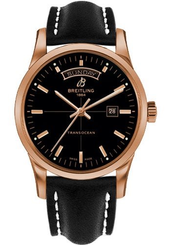Breitling Transocean Day & Date Watch - 43mm Red Gold Case - Black Dial - Black Leather Strap - R4531012/BB70/436X/R20D.1 - Luxury Time NYC