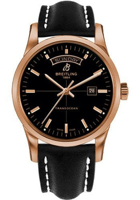 Breitling Transocean Day & Date Watch - 43mm Red Gold Case - Black Dial - Black Leather Strap - R4531012/BB70/436X/R20D.1 - Luxury Time NYC