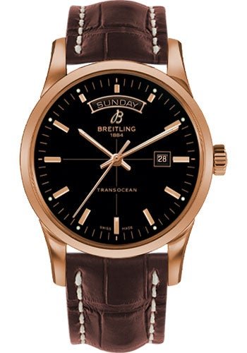 Breitling Transocean Day & Date Watch - 43mm Red Gold Case - Black Dial - Brown Croco Strap - R4531012/BB70/740P/R20D.1 - Luxury Time NYC