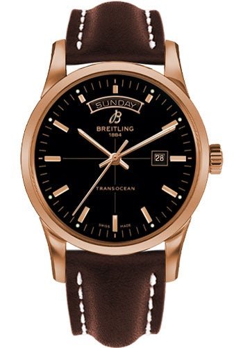 Breitling Transocean Day & Date Watch - 43mm Red Gold Case - Black Dial - Brown Leather Strap - R4531012/BB70/438X/R20D.1 - Luxury Time NYC