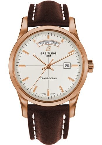 Breitling Transocean Day & Date Watch - 43mm Red Gold Case - Mercury Silver Dial - Brown Leather Strap - R4531012/G752/438X/R20D.1 - Luxury Time NYC