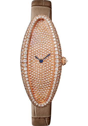 Cartier Baignoire Allongee Watch - 47 mm Pink Gold Diamond Case - Diamond Dial - Taupe Strap - WJBA0010 - Luxury Time NYC