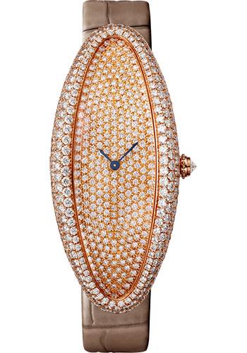 Cartier Baignoire Allongee Watch - 52 mm Pink Gold Diamond Case - Diamond Dial - Taupe Strap - WJBA0011 - Luxury Time NYC