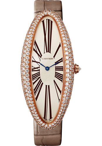 Cartier Baignoire Allongee Watch - 52 mm Pink Gold Diamond Case - Taupe Strap - WJBA0008 - Luxury Time NYC