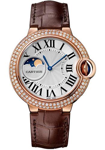 Cartier Ballon Bleu de Cartier Moonphase Watch - 37 mm Pink Gold Case - Diamond Paved Bezel - Silver Dial - Brown Alligatgor Strap - WJBB0027 - Luxury Time NYC