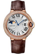 Load image into Gallery viewer, Cartier Ballon Bleu de Cartier Moonphase Watch - 37 mm Pink Gold Case - Diamond Paved Bezel - Silver Dial - Brown Alligatgor Strap - WJBB0027 - Luxury Time NYC
