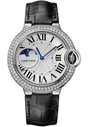 Cartier Ballon Bleu de Cartier Moonphase Watch - 37 mm White Gold Case - Diamond Paved Bezel - Silver Dial - Black Alligatgor Strap - WJBB0028 - Luxury Time NYC