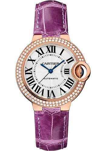 Cartier Ballon Bleu de Cartier Watch - 33 mm Rose Gold Diamond Case - Opaline Dial - Purple Alligator Strap - WJBB0051 - Luxury Time NYC