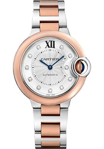 Cartier Ballon Bleu de Cartier Watch - 33 mm Steel and Rose Gold Case - Silvered Diamond Dial - Interchangeable Two-Tone Bracelet - W3BB0021 - Luxury Time NYC