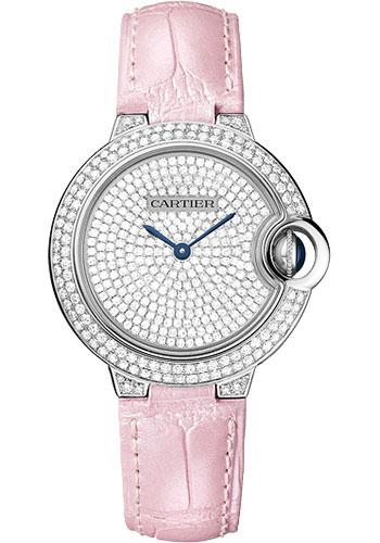 Cartier Ballon Bleu de Cartier Watch - 33 mm White Gold Diamond Case - Diamond Paved Dial - Pearly Pink Alligator Strap - WE902047 - Luxury Time NYC