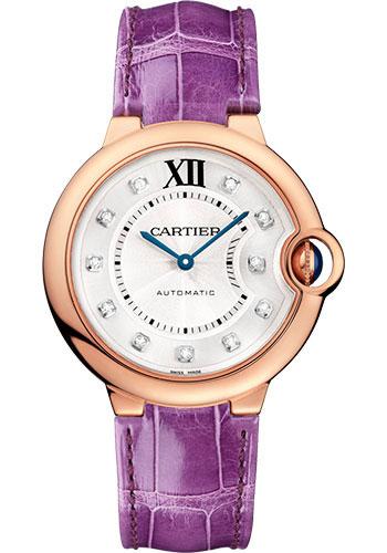 Cartier Ballon Bleu de Cartier Watch - 36 mm Pink Gold Case - Diamond Dial - Purple Alligator Strap - WJBB0010 - Luxury Time NYC