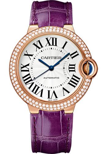 Cartier Ballon Bleu de Cartier Watch - 36 mm Pink Gold Diamond Case - Purple Patent Alligator Strap - WJBB0009 - Luxury Time NYC
