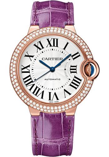 Cartier Ballon Bleu de Cartier Watch - 36 mm Rose Gold Diamond Case - Opaline Dial - Purple Alligator Strap - WJBB0050 - Luxury Time NYC