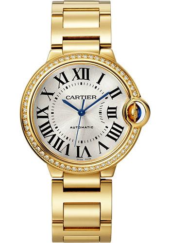 Cartier Ballon Bleu de Cartier Watch - 36 mm Yellow Gold Diamond Case - Silvered Sunray-Brushed Dial - Interchangeable Bracelet - WJBB0070 - Luxury Time NYC