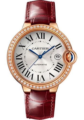 Cartier Ballon Bleu de Cartier Watch - 40 mm Rose Gold Diamond Case - Silvered Dial - Burgundy Alligator Strap - WJBB0056 - Luxury Time NYC