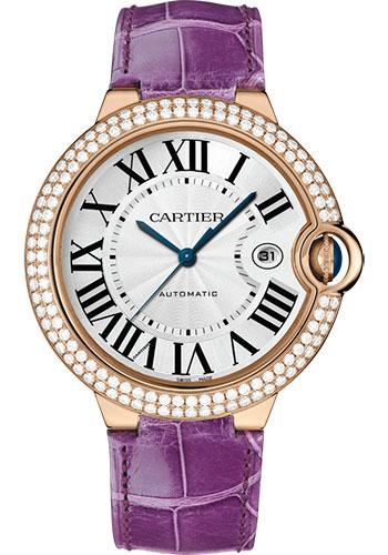 Cartier Ballon Bleu de Cartier Watch - 42 mm Yellow Gold Diamond Case - White Dial - Purple Alligator Strap - WJBB0031 - Luxury Time NYC