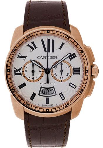 Cartier Calibre de Cartier Chronograph Watch - 42 mm Pink Gold Case - Silver Dial - Brown Alligator Strap - W7100044 - Luxury Time NYC