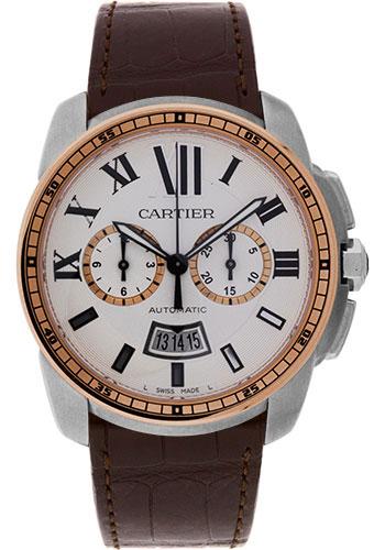 Cartier Calibre de Cartier Chronograph Watch - 42 mm Steel And Pink Gold Case - Silver Dial - Brown Alligator Strap - W7100043 - Luxury Time NYC