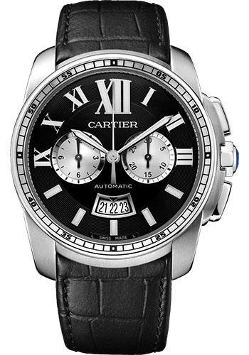 Cartier Calibre de Cartier Chronograph Watch - 42 mm Steel Case - Black Dial - Black Alligator Strap - W7100060 - Luxury Time NYC