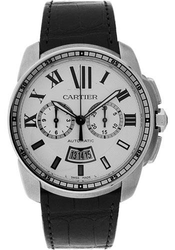 Cartier Calibre de Cartier Chronograph Watch - 42 mm Steel Case - Silver Dial - Black Alligator Strap - W7100046 - Luxury Time NYC