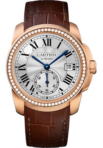 Cartier Calibre de Cartier Watch - 38 mm Pink Gold Case - Diamond Bezel - Silvered Dial - Dark Brown Alligator Strap - WF100013 - Luxury Time NYC