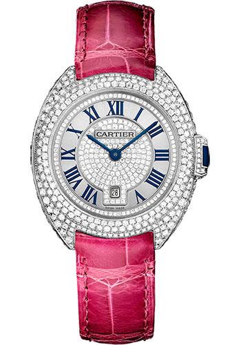Cartier Cle De Cartier Diamond Paved Watch - 31 mm White Gold Diamond Case - Diamond Bezel - Silver Dial - Fuchsia Pink Alligator Strap - WJCL0017 - Luxury Time NYC