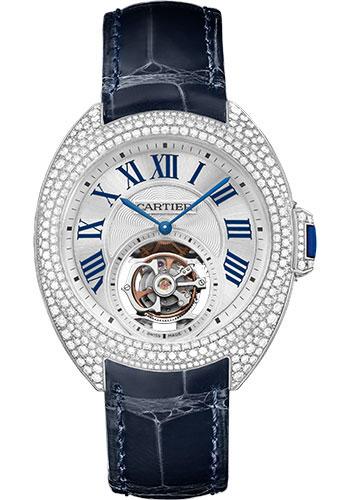 Cartier Cle de Cartier Flying Tourbillon Watch - 35 mm White Gold Diamond Case - Brass Dial - Navy Blue Alligator Strap - HPI00933 - Luxury Time NYC