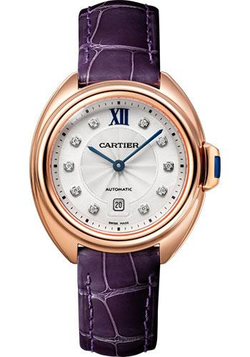 Cartier Cle de Cartier Watch - 31 mm Pink Gold Case - Silvered Diamond Dial - Aubergine Alligator Strap - WJCL0031 - Luxury Time NYC