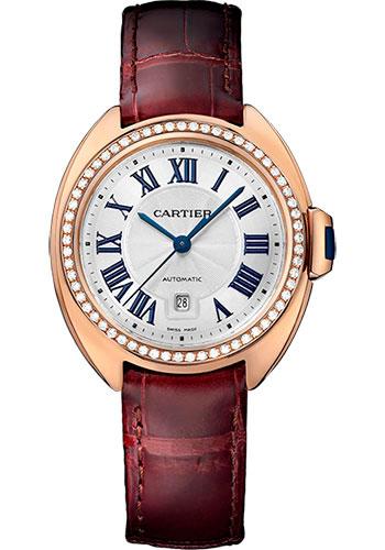 Cartier Cle De Cartier Watch - 31 mm Pink Gold Diamond Case - Diamond Bezel - Silver Dial - Bordeaux Alligator Strap - WJCL0016 - Luxury Time NYC