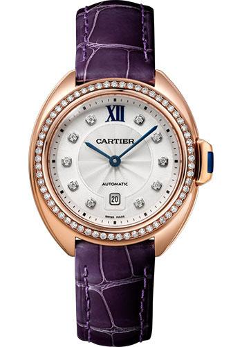 Cartier Cle de Cartier Watch - 31 mm Pink Gold Diamond Case - Diamond Bezel - Silvered Flinque Dial - Aubergine Alligator Strap - WJCL0038 - Luxury Time NYC